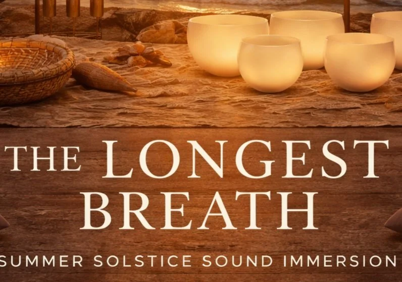 Crystal singing bowls on beach at sunset; says "The Longest Breath - Summer Solstice Sound Immersion""