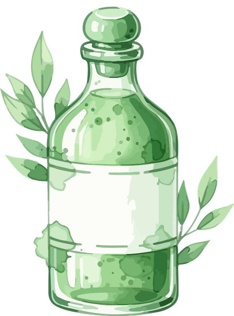 Watercolor of green bottle with greenery behind