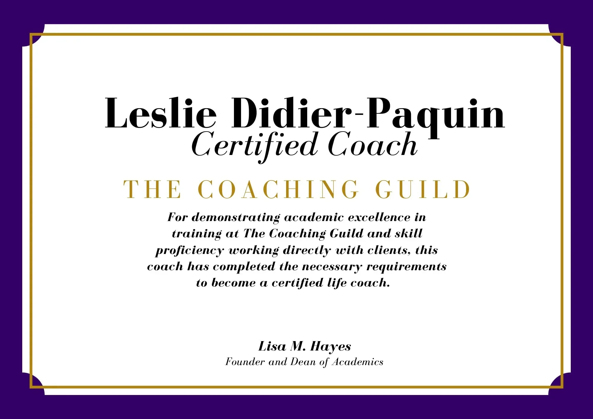 certificate of coaching excellence from The Coaching Guild