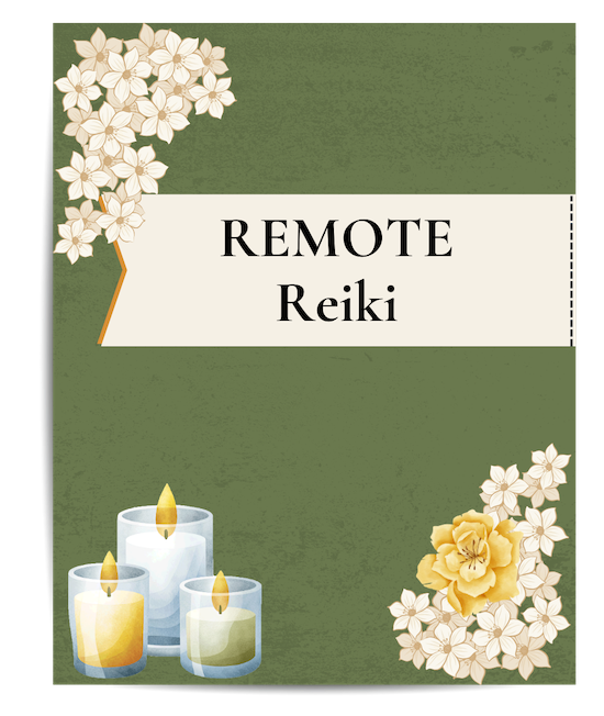 Green background with white flowers and watercolor candles. Says "REMOTE Reiki"