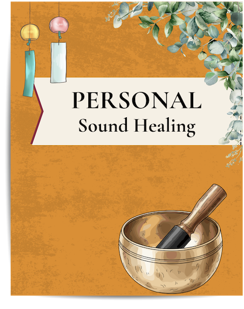 Golden orange background with singing bowl and greenery. Says "Personal Sound Healing"