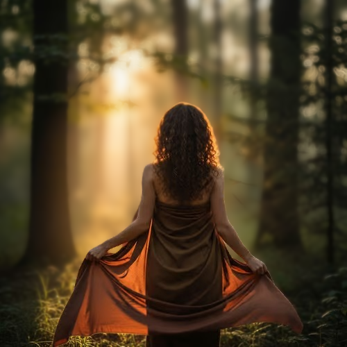 Woman with brown curly hair facing the forest