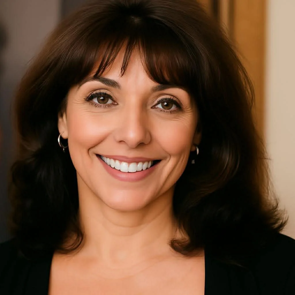 White woman with brown hair smiling into camera