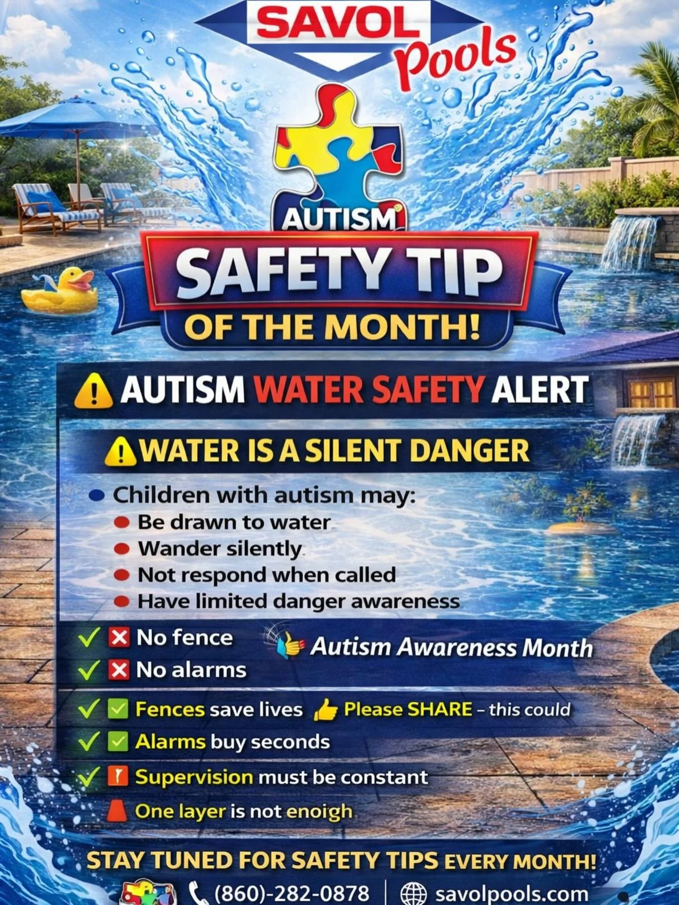 Water is fun&mdash;but it can also be a silent danger, especially for children with autism. 💙🧩

This Safety Tip of the Month is all about awareness, prevention, and protection.

Children with autism are often drawn to water and may wander without w
