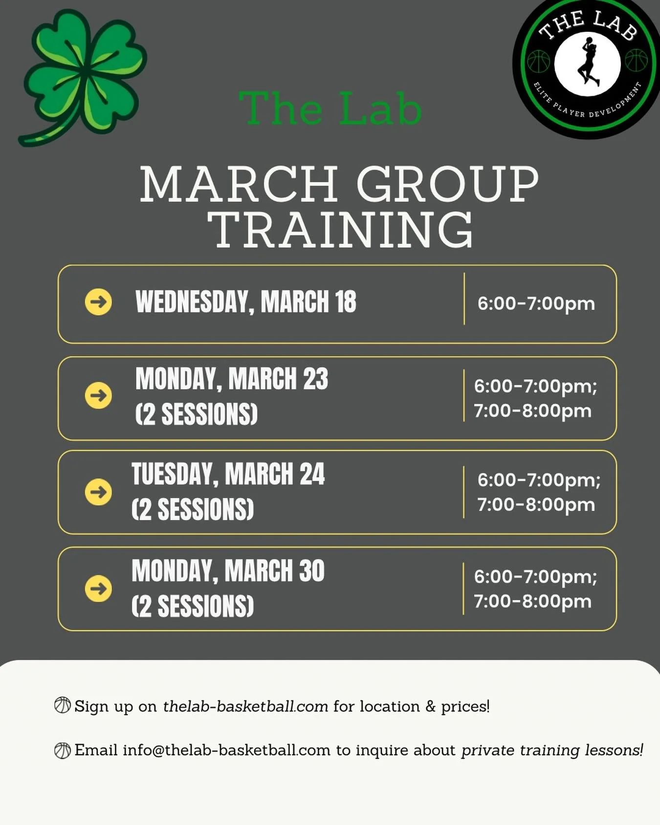 March Training is liveeeee, each session has a specific focus 🔒check out the website to learn more! 🔗thelab-basketball.com

Session options: shooting, ball handling, footwork &amp; finishing, defense, toughness, complete player

Lock in with The La