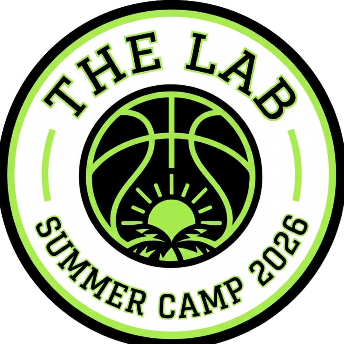 Circular logo for The Lab Summer Camp 2026 featuring a stylized sun rising over an ocean with a basketball design in the center, using black and neon green colors.