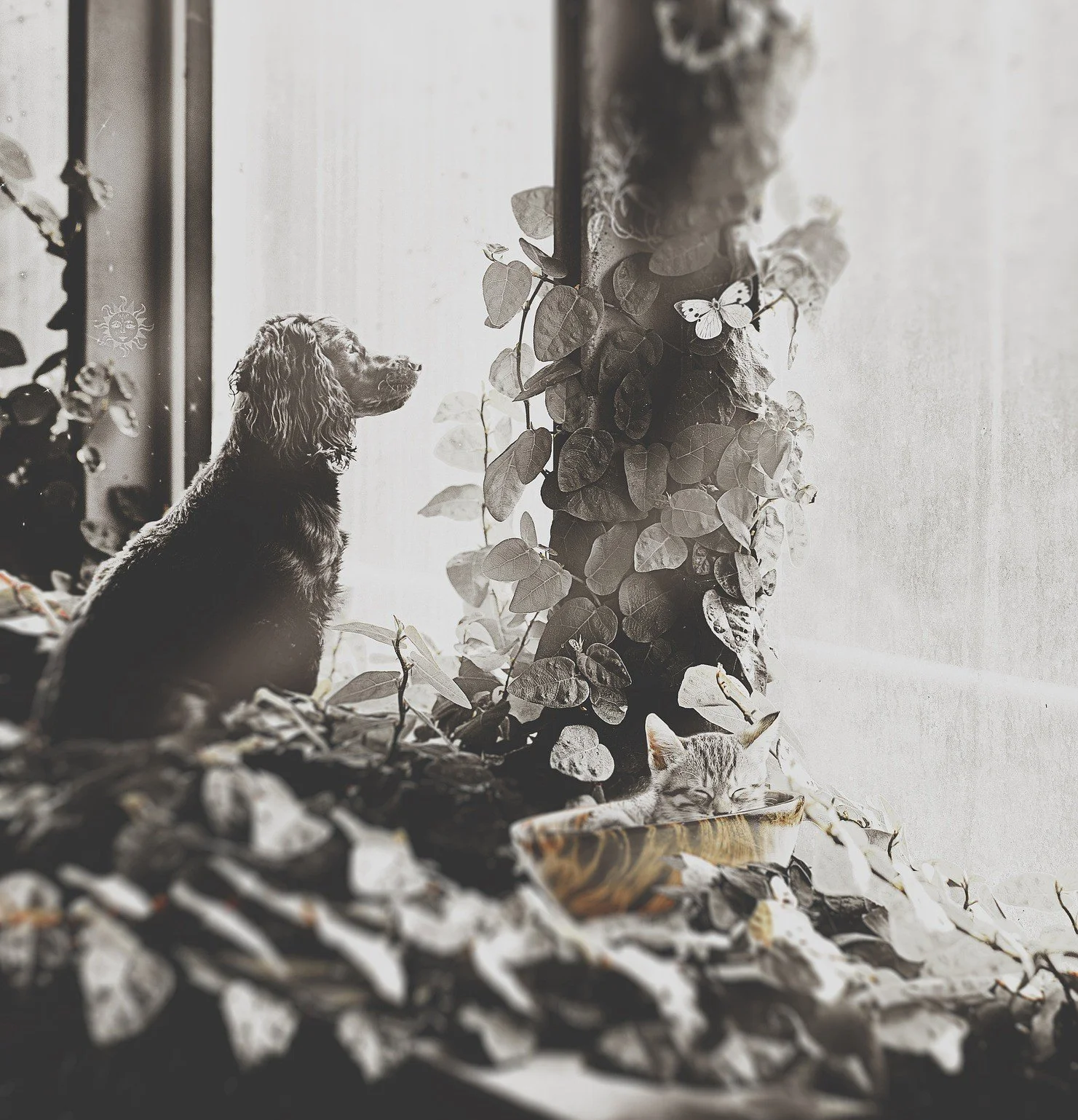 Un chien et un chat sont assis près d'une fenêtre avec des plantes et un rideau, dans une ambiance paisible, en noir et blanc.