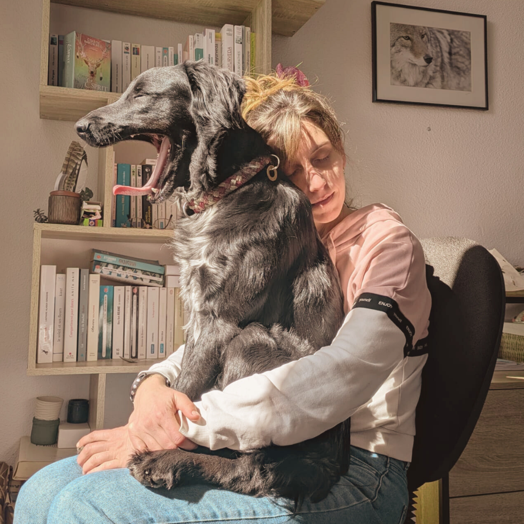 Une jeune femme assise dans un fauteuil, elle tient un grand chien noir et gris sur ses genoux, dans une pièce avec une bibliothèque et un tableau de renard au mur