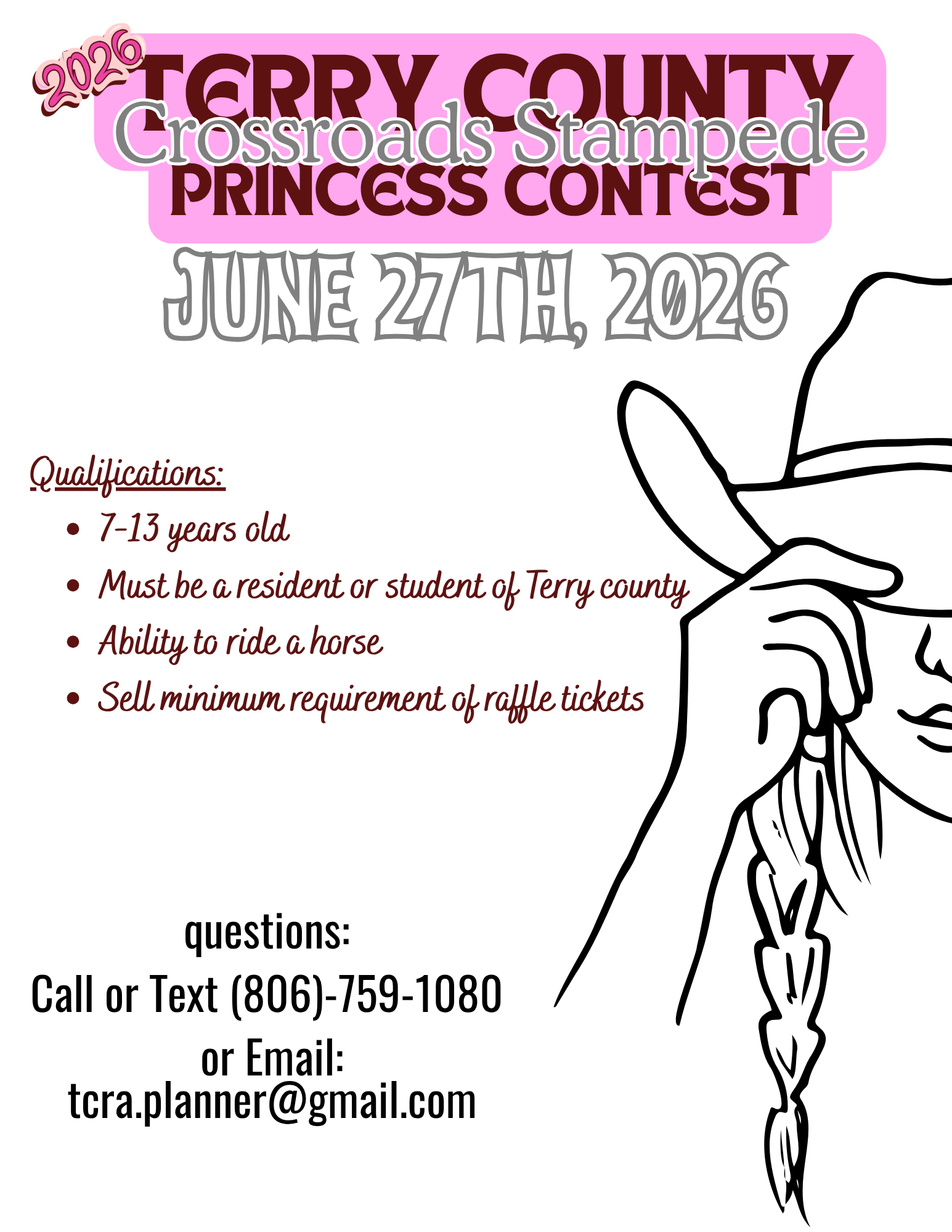 Flyer for 2022 Terry County Crossroads Stampede Princess Contest with event date June 27th, 2022, featuring a black line drawing of a person holding a ribbon with decorative text and event details including qualifications and contact information.