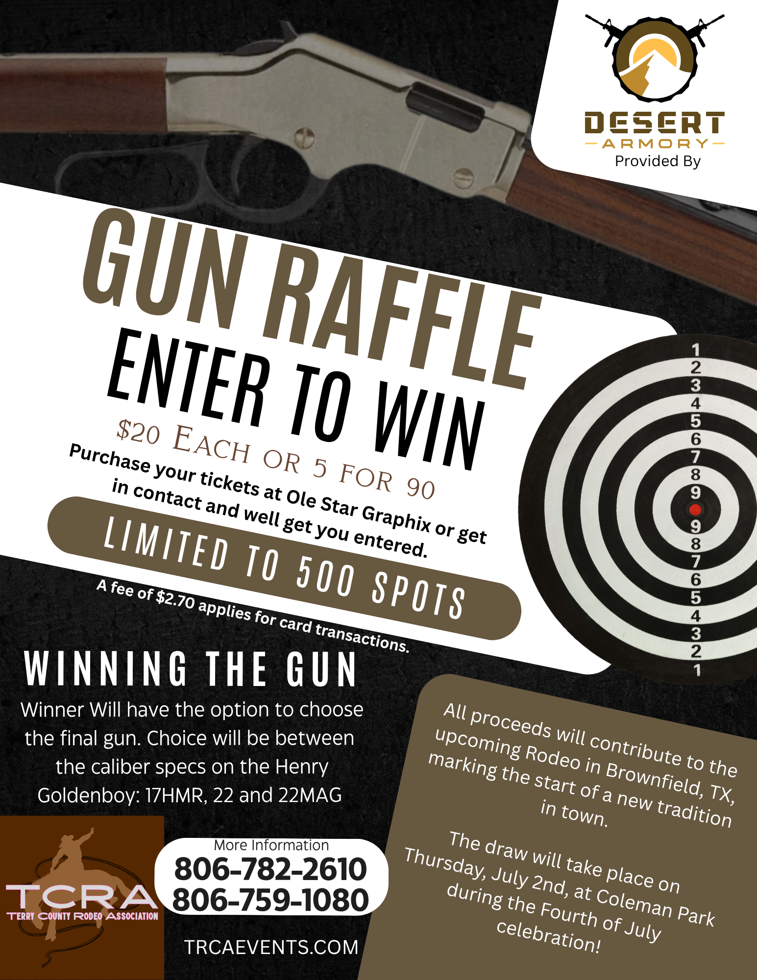 Flyer for a gun raffle event hosted by the Desert Armory, with details about ticket prices, entry rules, and the winner's options, featuring a target and a rifle image.