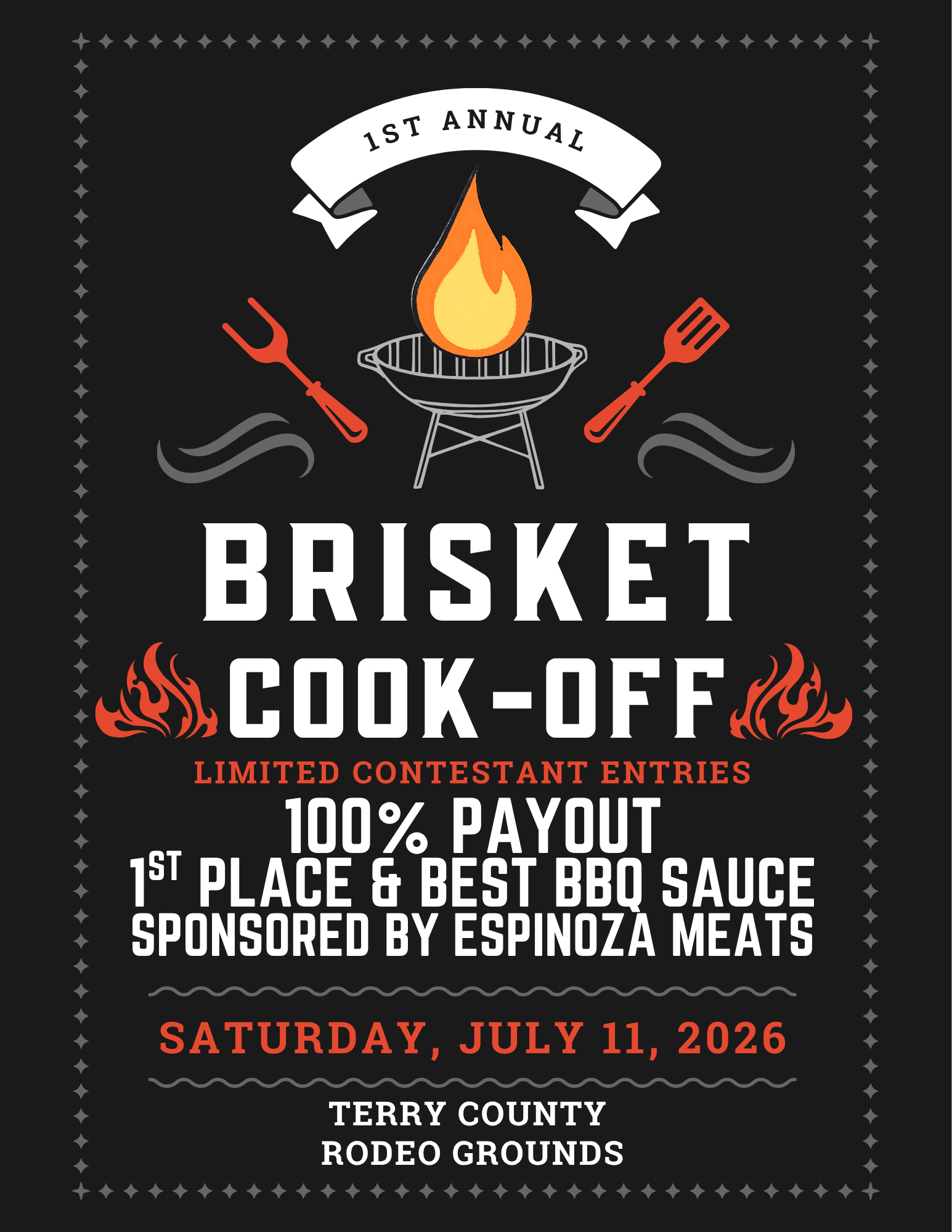 Event poster for the 1st Annual Brisket Cook-Off, featuring a grill with a flame, surrounded by utensils, with details about the date, location, and prizes.
