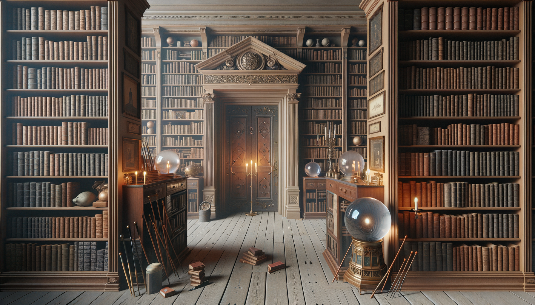 A lavish, vintage library with tall wooden bookshelves filled with books, ornate architectural details, and various globes, candelabras, and scattered books on the floor.