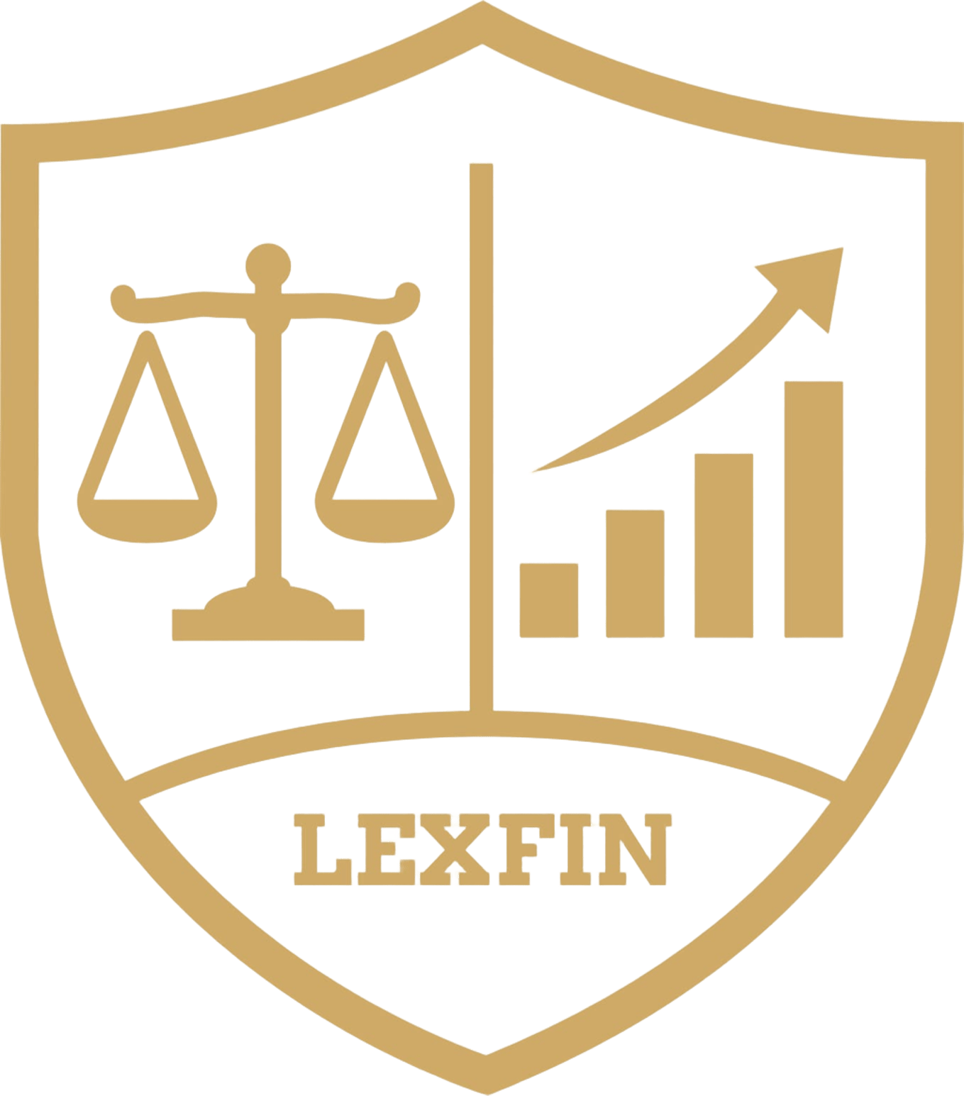 A shield-shaped emblem with a gold outline, divided into two halves. The left side features scales of justice, and the right side shows a rising bar chart with an arrow. Below, the word "LEXFIN" is written.