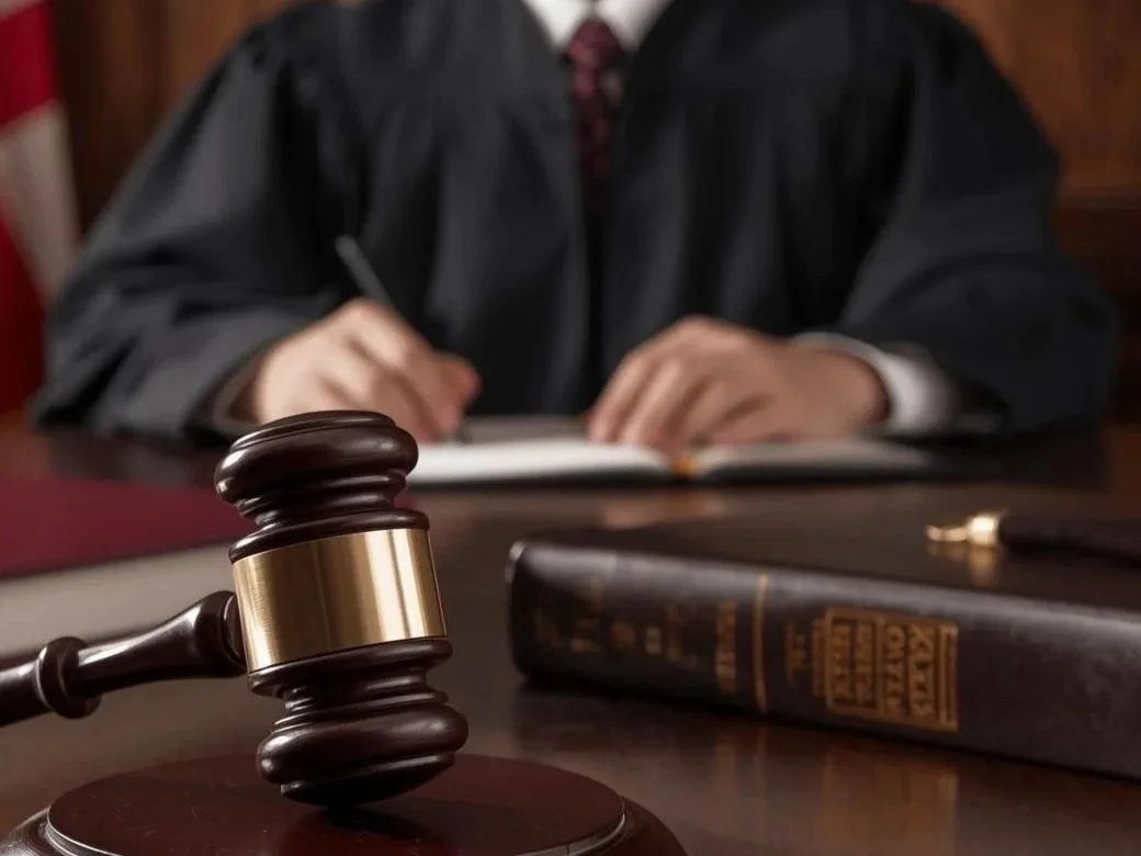 A judge's gavel on a desk in front of a person in a suit and tie writing in a notebook, with a law book nearby.