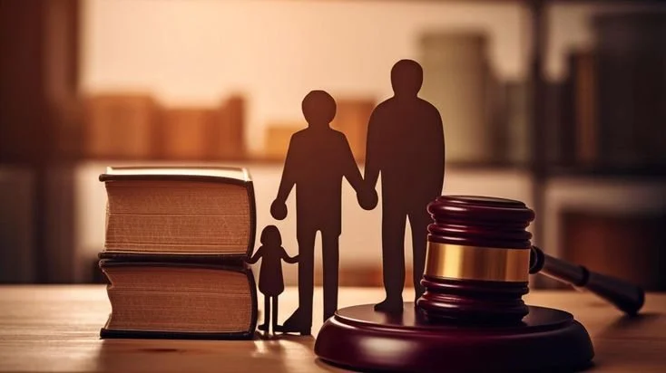 Silhouette of a family holding hands, with books and a gavel in the background, symbolizing family law or legal issues related to families.