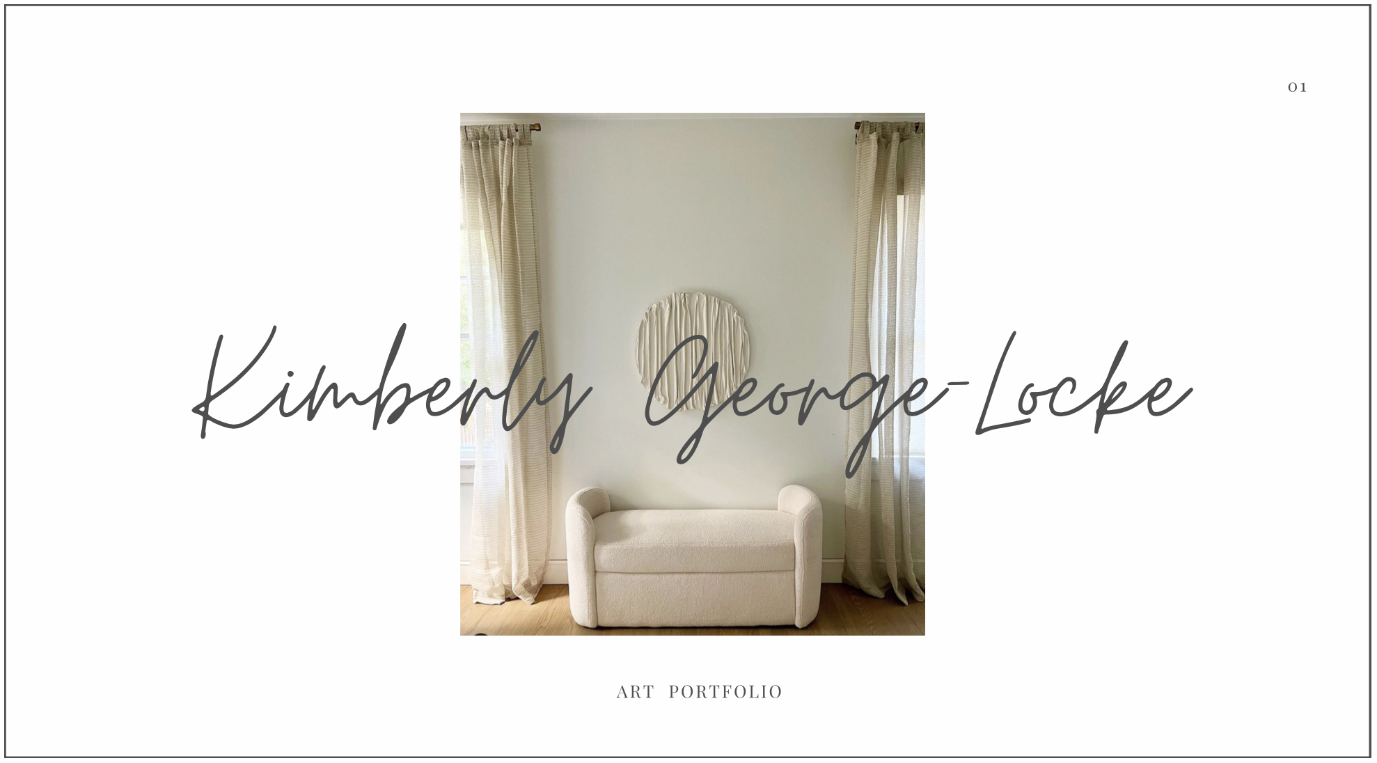 Cover page of an art portfolio titled 'Kimberly George-Locke' with a centered photograph of a white armchair between cream curtains and a decorative circular wall piece.