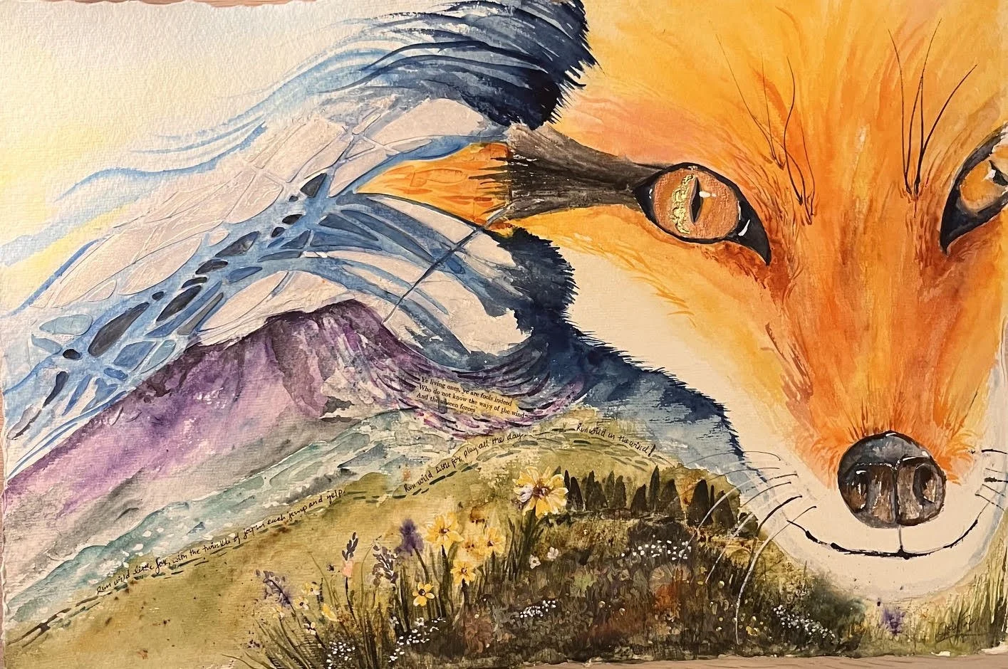 Painting of a fox running in the wind.