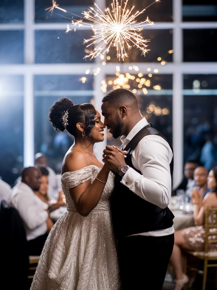 A romantic wedding dance photograph captured in an indoor venue with dramatic lighting.