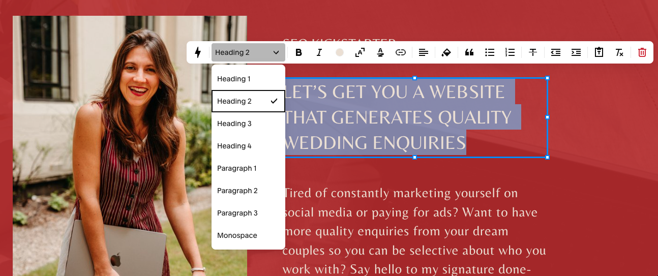 Demonstration of how to change and implement heading tags on SquareSpace website
