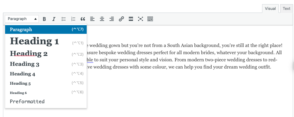 Image showing how to add a heading tag in Wordpress