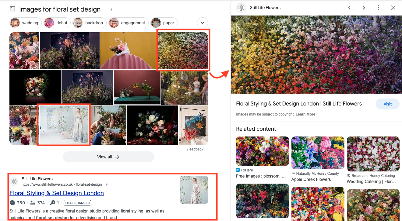 Screenshot of Google search results for a successful image SEO implementation