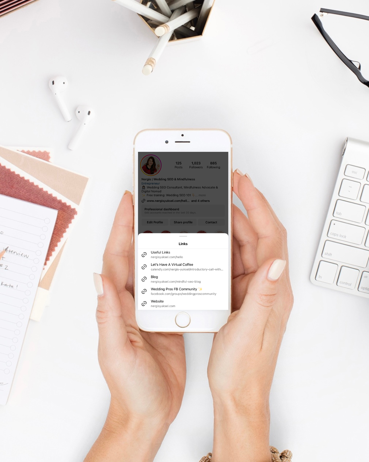 Iphone screen showing multiple links on Nergis' Instagram profile