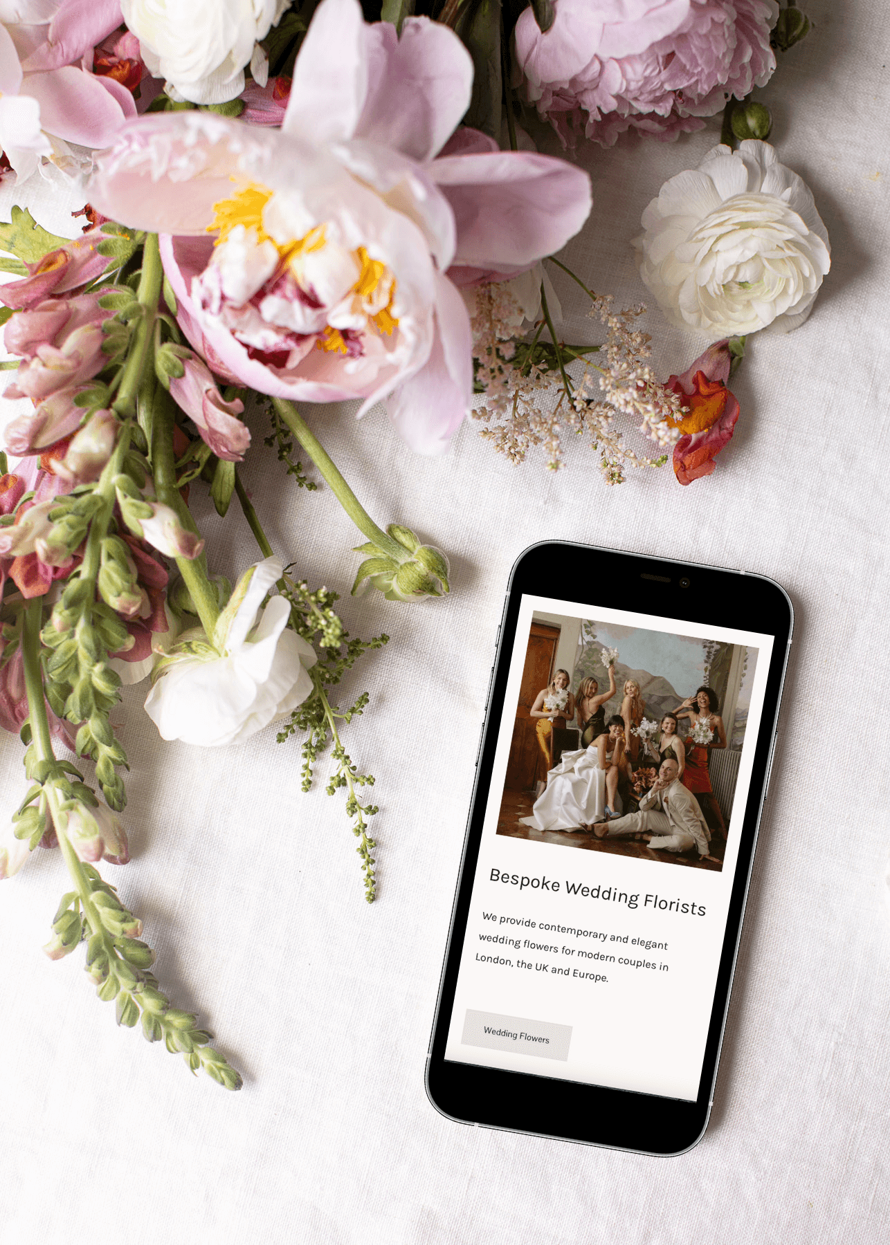 Iphone screen displaying a mobile friendly wedding florist website