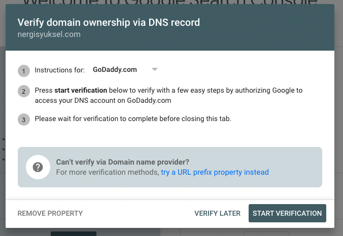 Screenshot showing how to verify site ownership with Google Search Console via DNS record