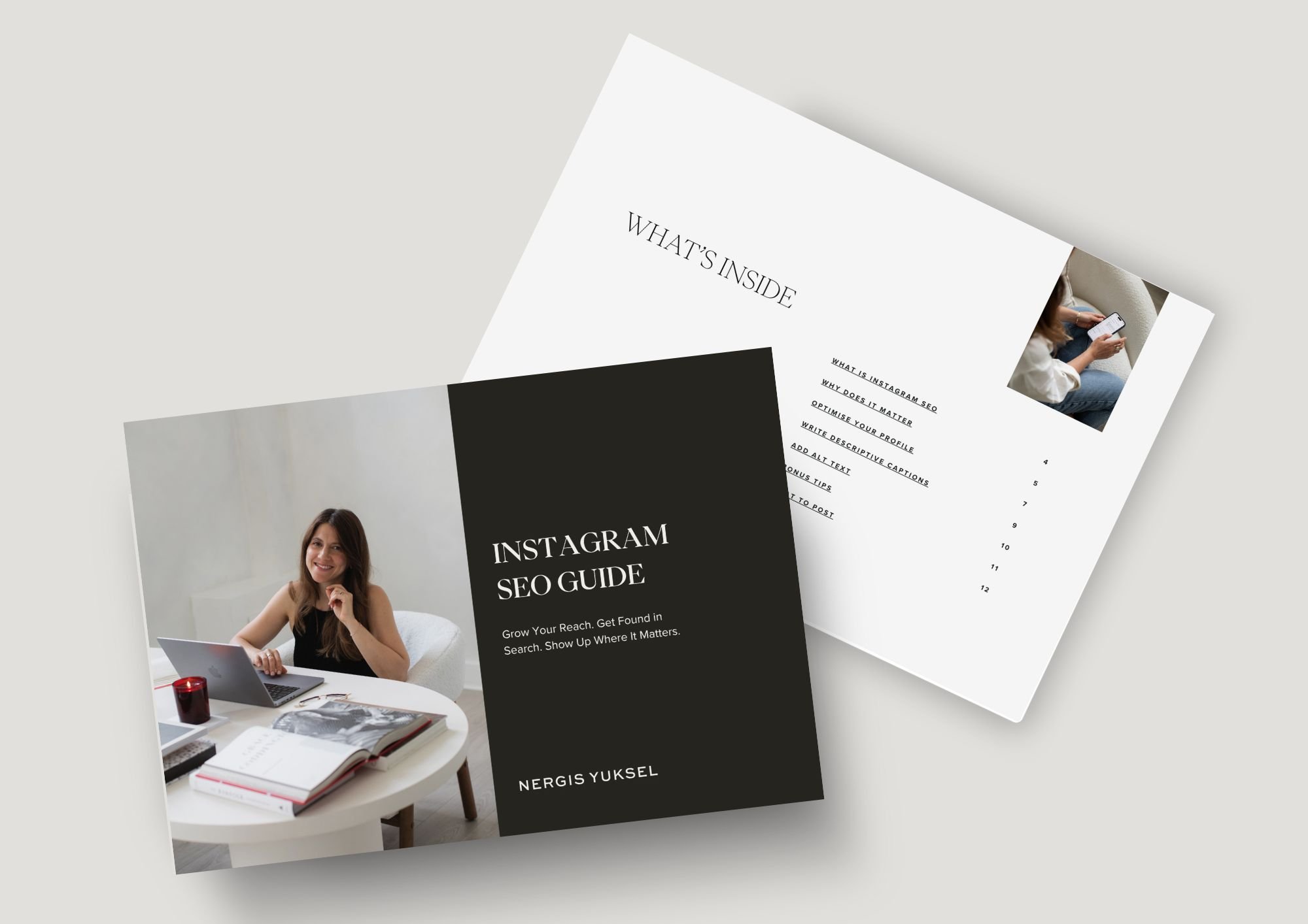 Flat lay images of a free Instagram SEO guide by Nergis Yuksel