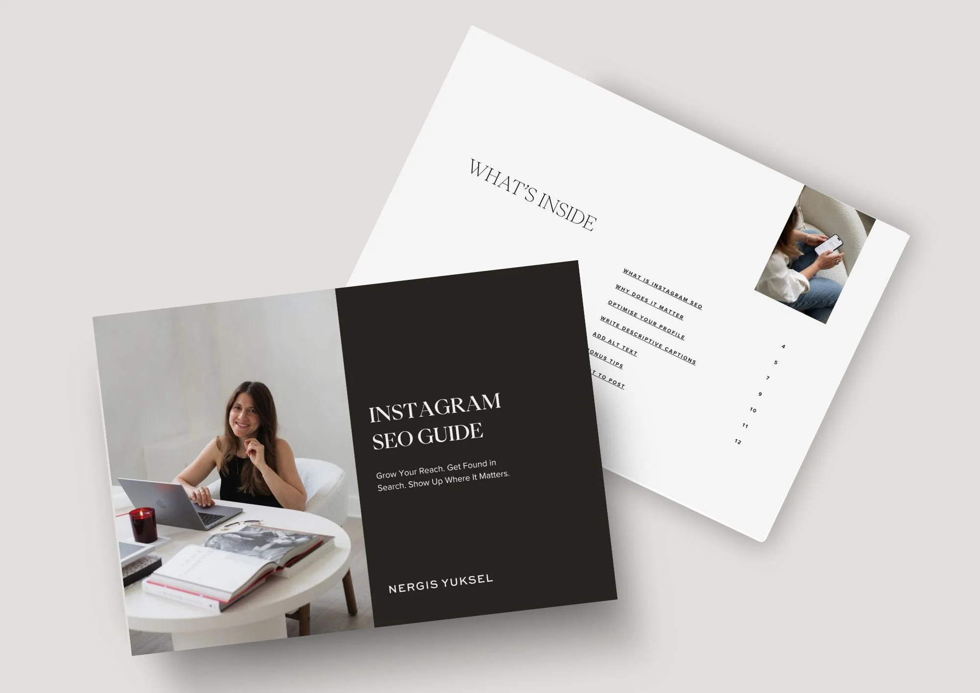 Flat lay images of a free Instagram SEO guide by Nergis Yuksel