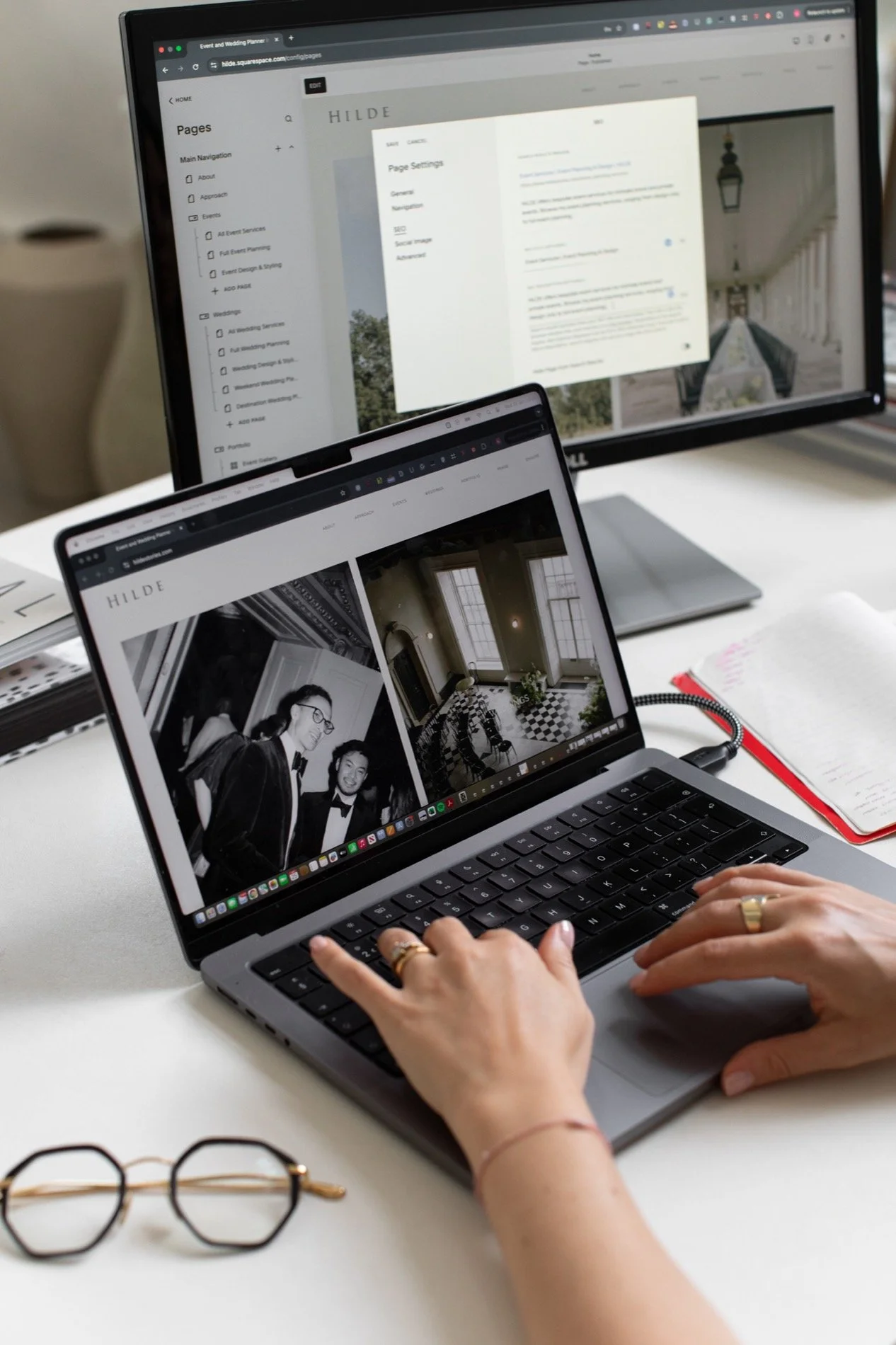 Close up photo of a laptop and desktop screens, showing SEO optimisation for SquareSpace