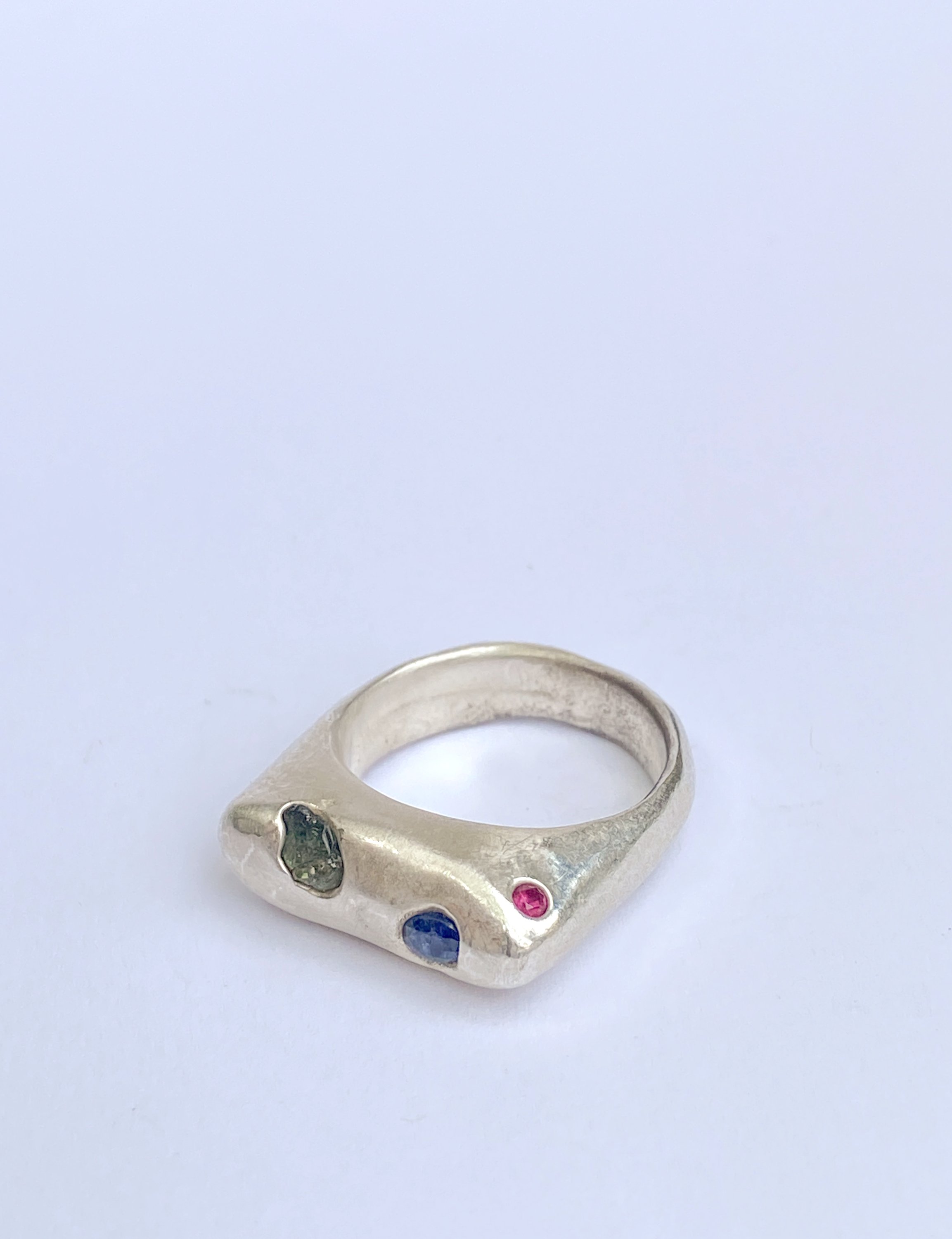 Recycled sterling silver, raw and faceted sapphire and faceted ruby ring
