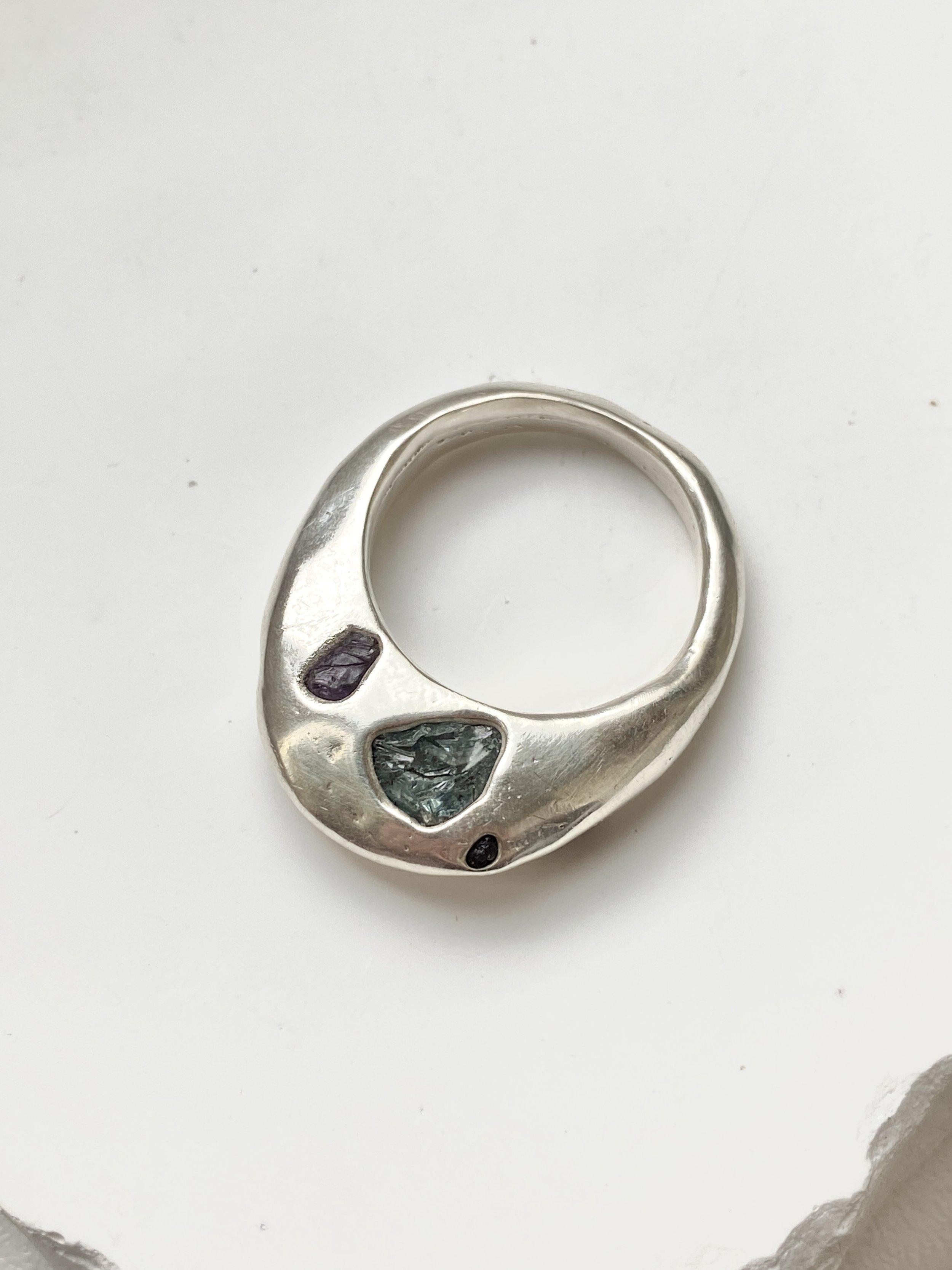 Recycled sterling silver and raw sapphire ring
