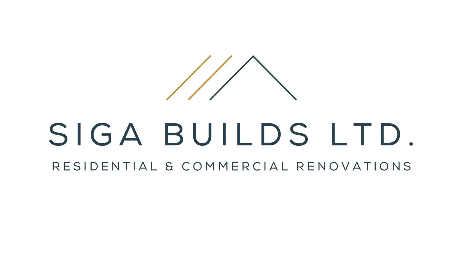Logo for SIGA BUILDS LTD, a company specializing in residential and commercial renovations, featuring stylized roof lines and modern text.