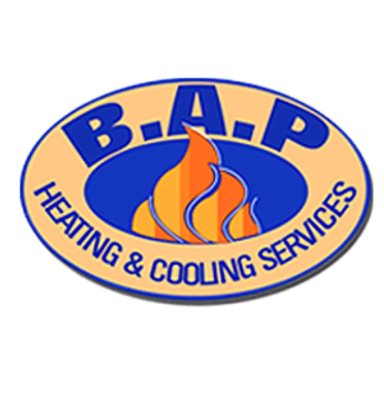 B-L-A-P Heating and Cooling Services logo with yellow background, blue text, and a flame symbol in the center.