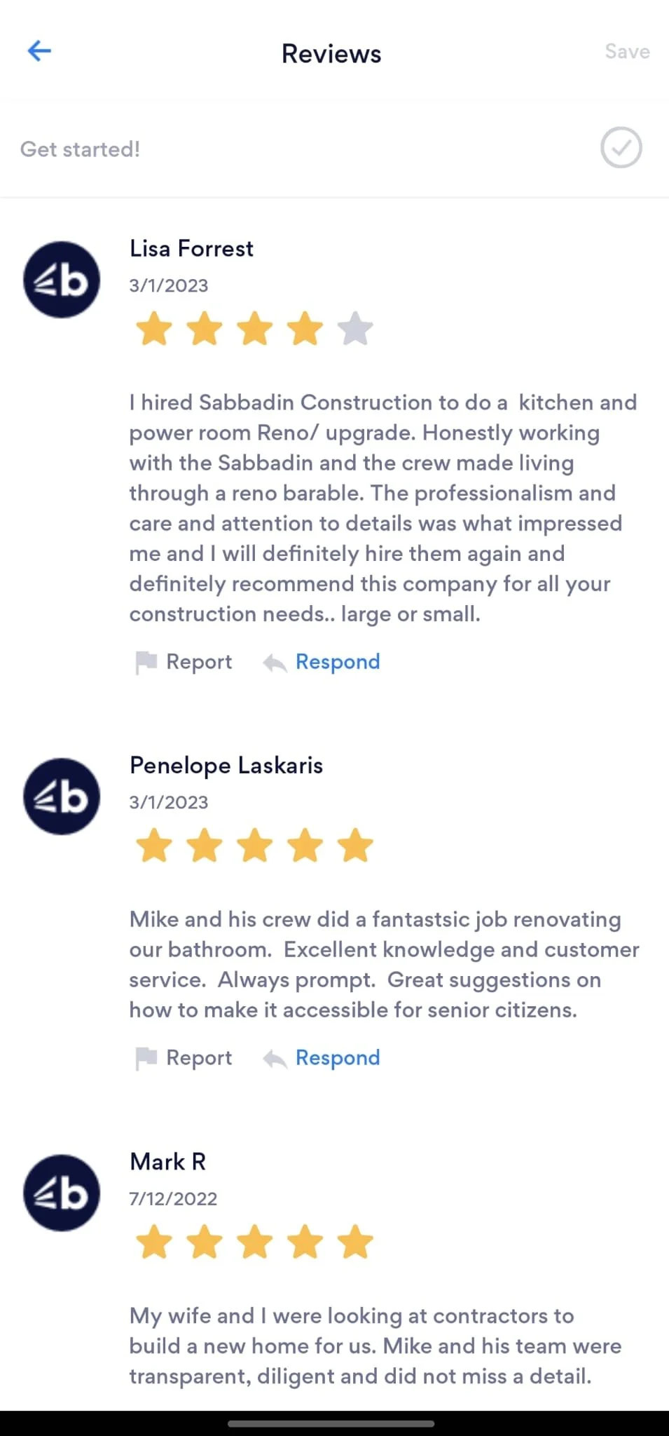 Screenshots of positive customer reviews for a construction company, with star ratings and comments.