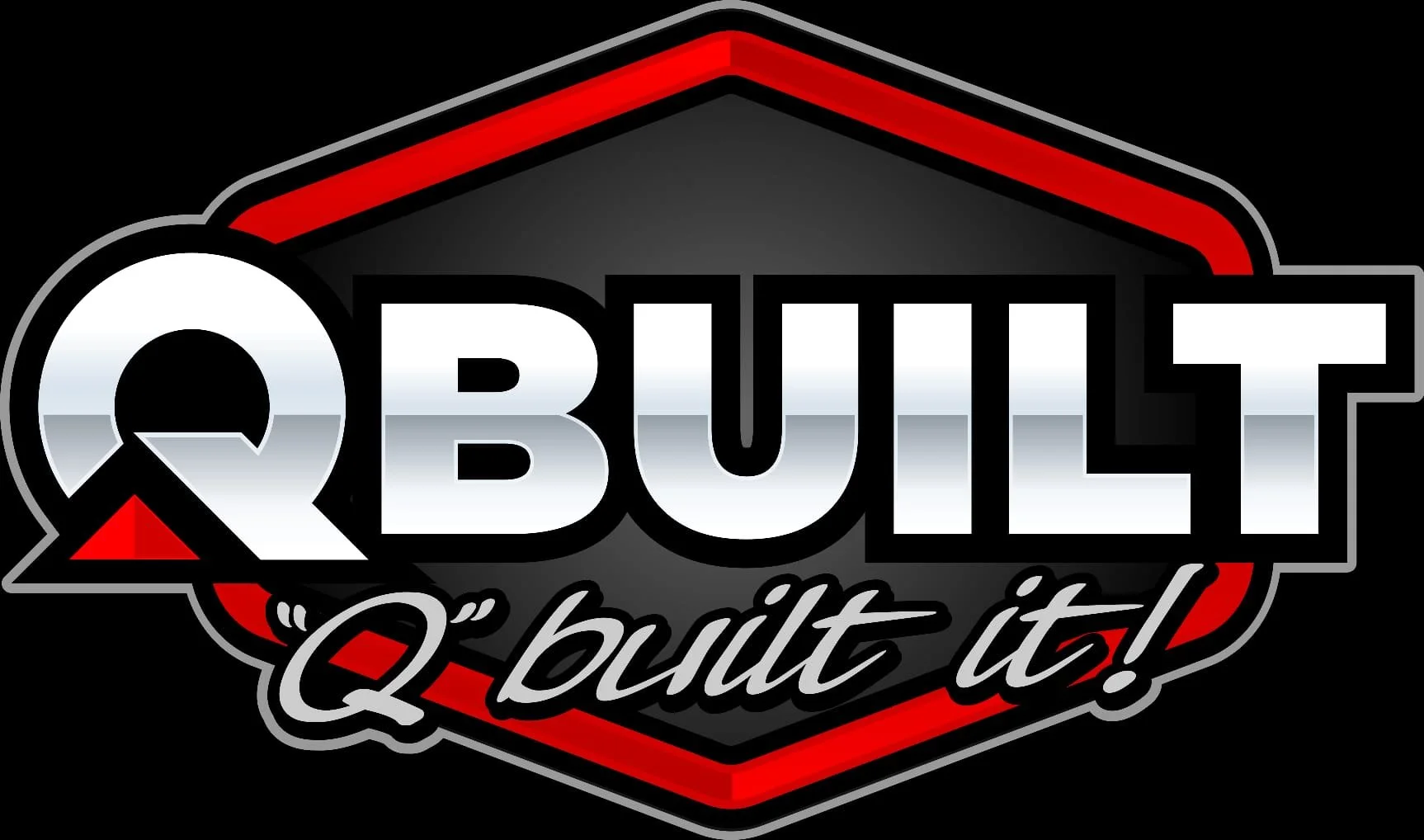 Logo for Q Built with the text 'Q BUILT' in large block letters and the tagline 'Q built it!' underneath, featuring a red and black color scheme.