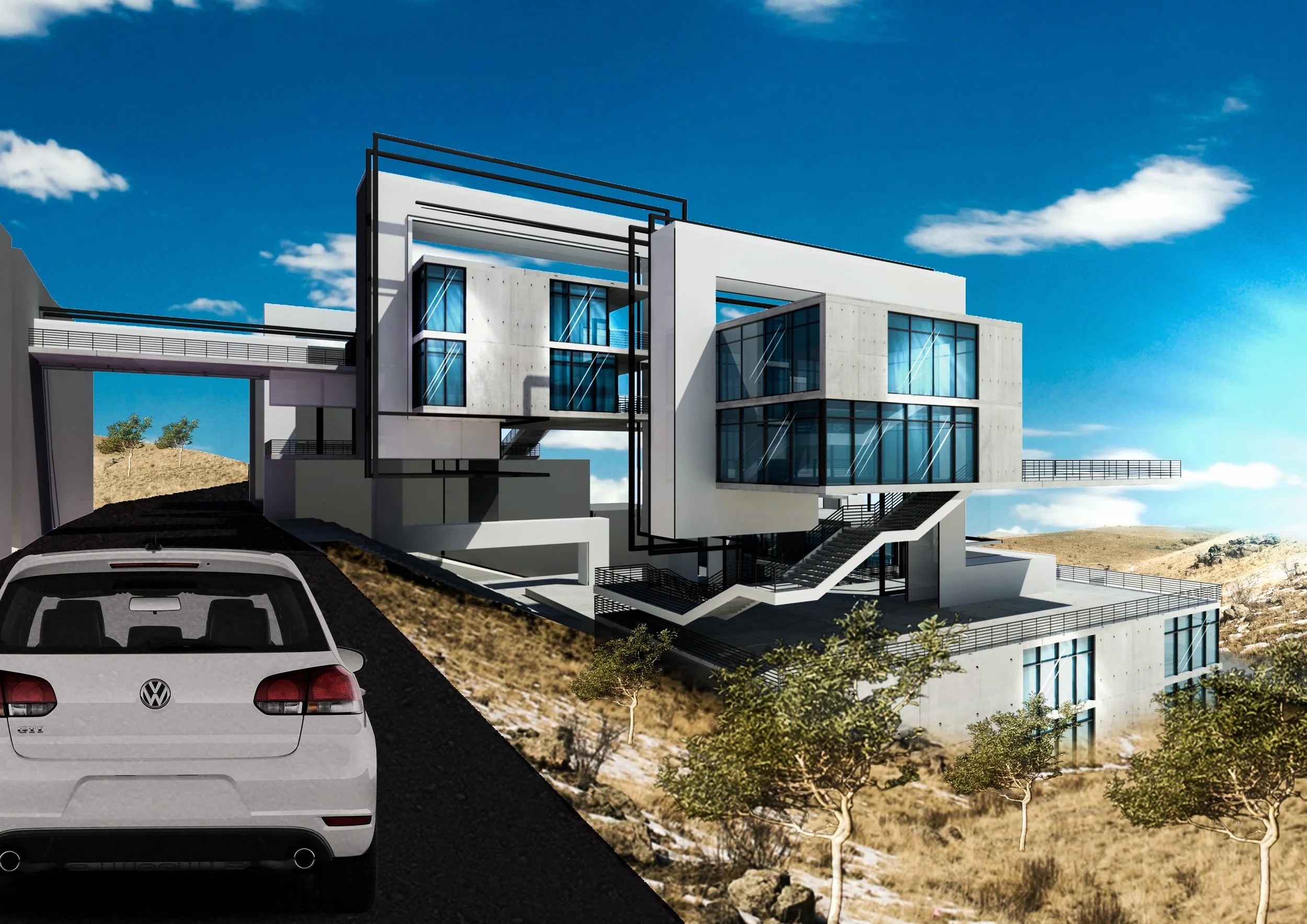 Modern multi-story house with large glass windows on a hillside, with a car in the foreground and a clear blue sky.