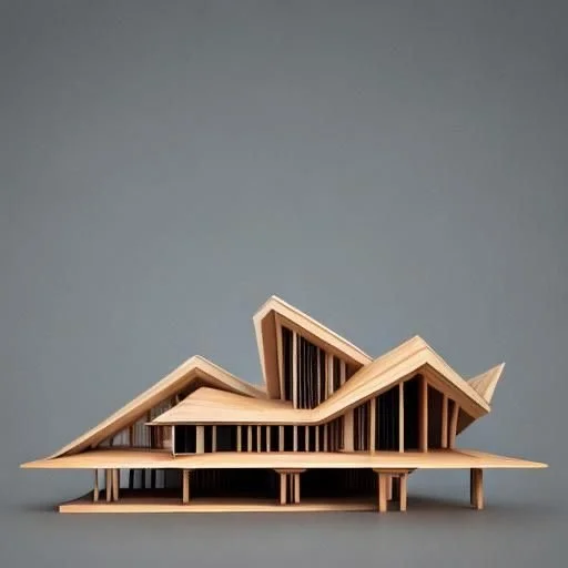 A modern architectural model with a wooden structure and multiple angular rooflines, set against a plain gray background.