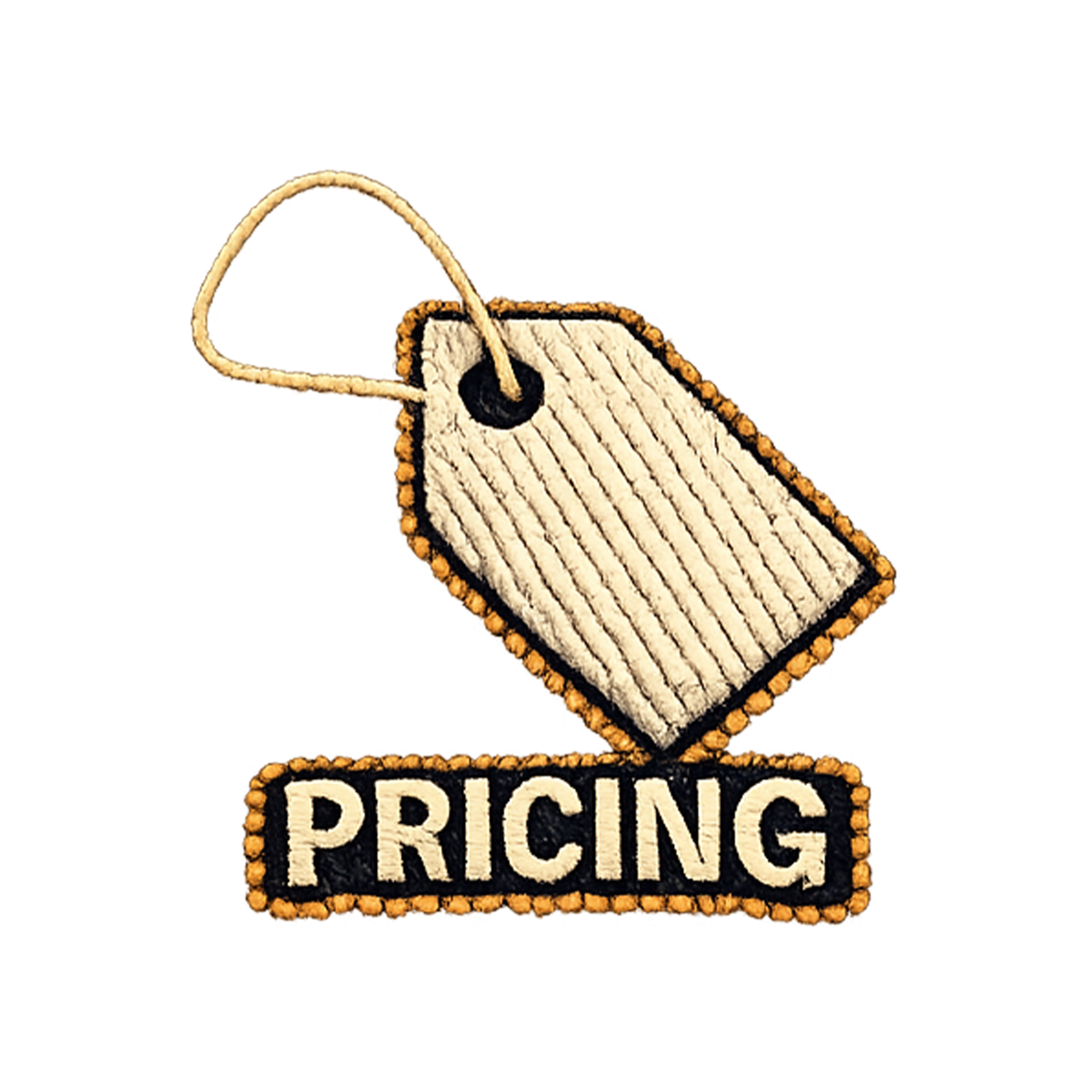 An embroidered patch featuring a price tag with a string attached to a rectangular price label with the word 'PRICING' in capital letters. The patch has a textured, fabric appearance.