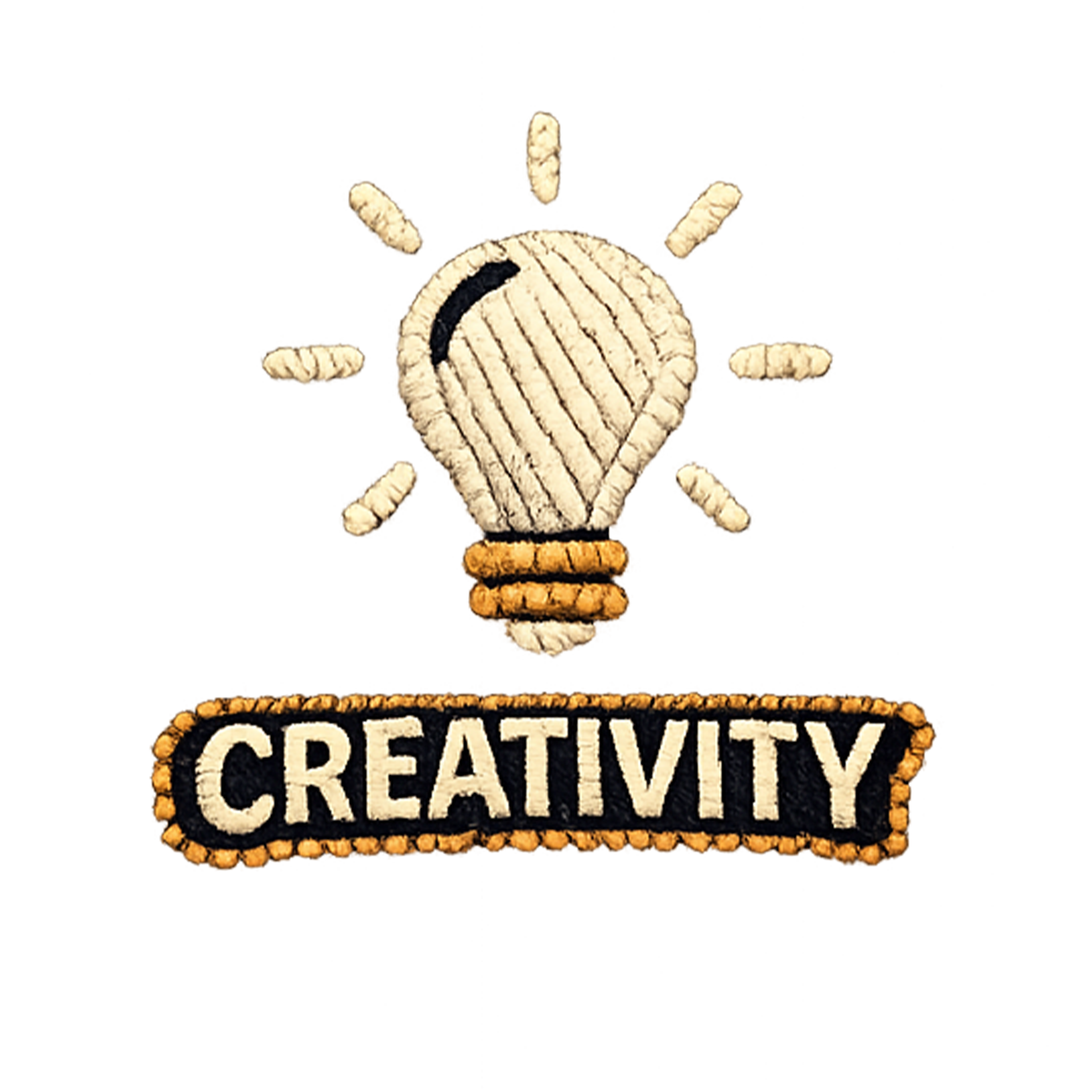 An embroidered patch of a lightbulb with a frowning face, labeled 'CREATIVITY' below it.