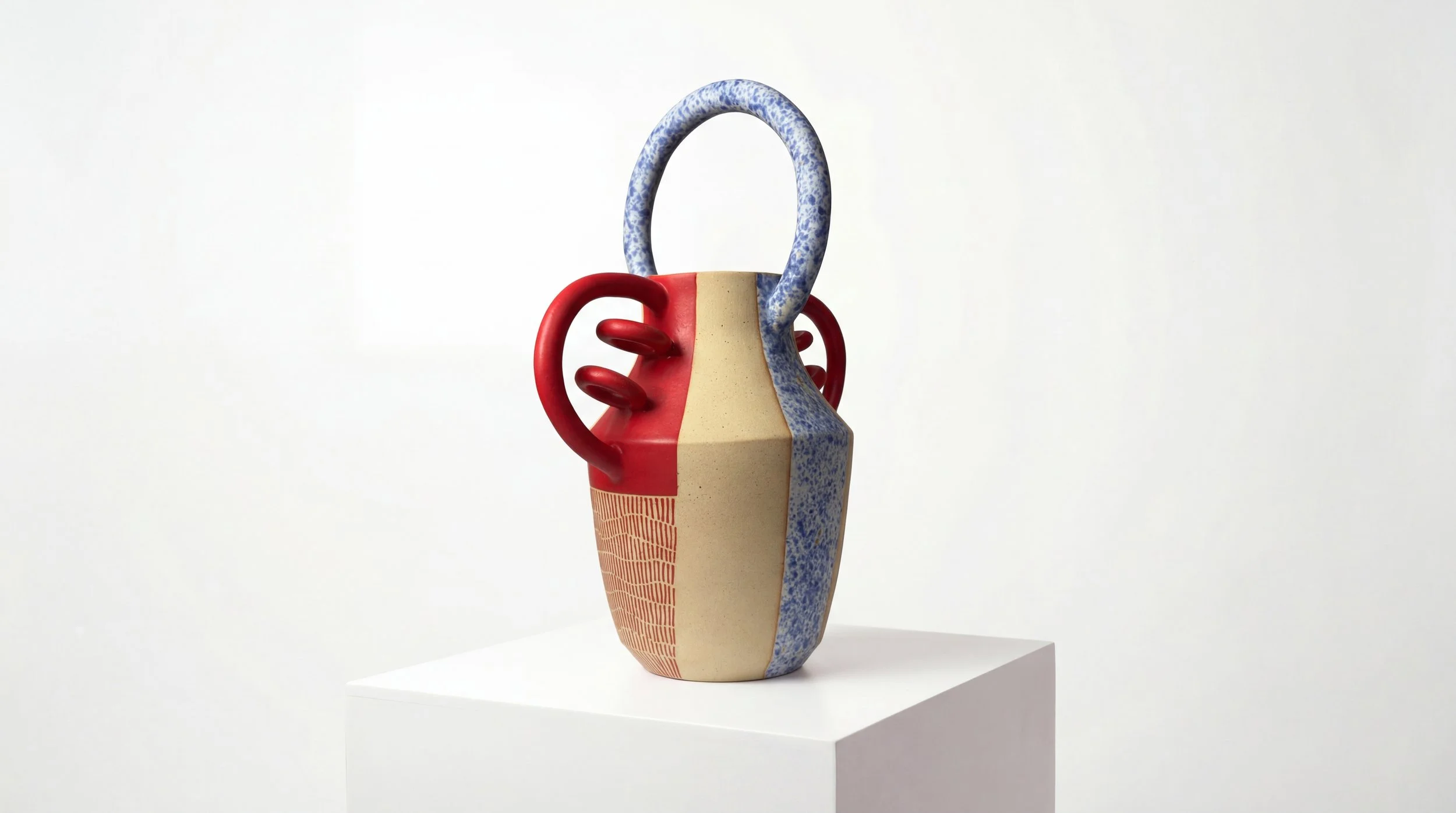 Ceramic art piece resembling a human heart with colored sections painted in red, beige, and blue, and a large loop handle at the top, displayed on a pedestal.