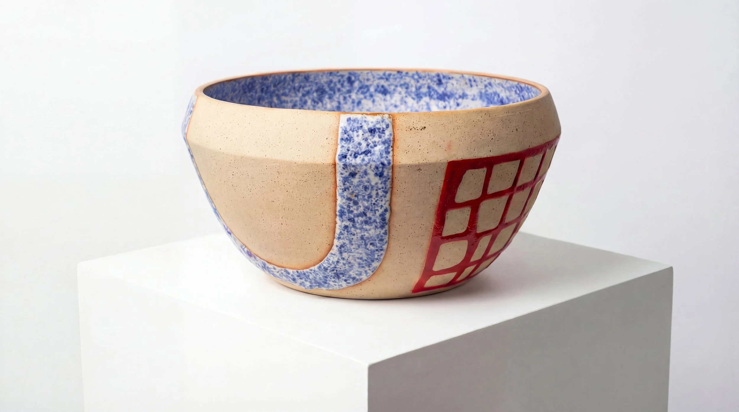 Decorative ceramic bowl with geometric design, beige exterior, blue interior, red grid pattern on side, displayed on a white pedestal against a white background.