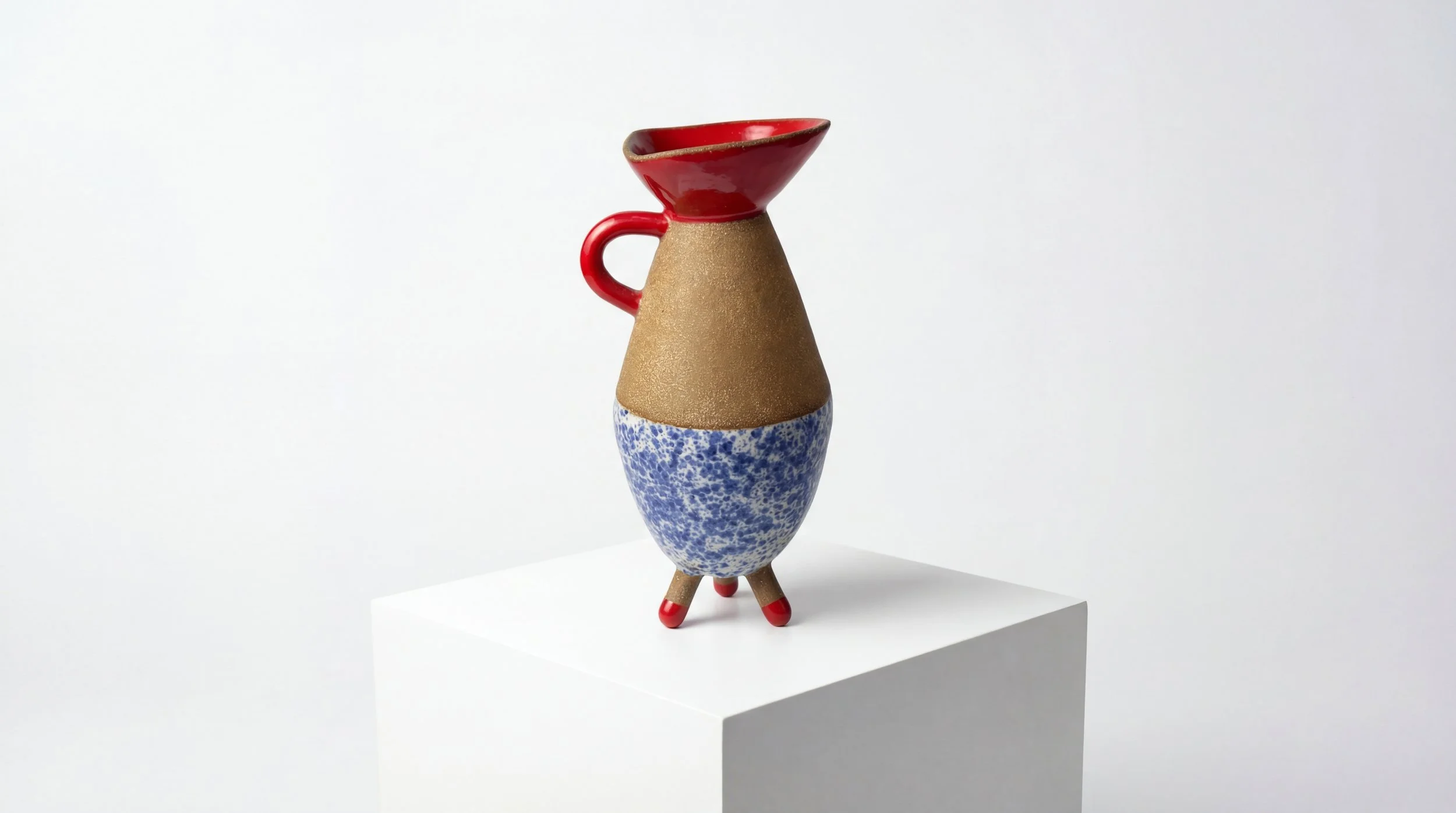 A ceramic sculpture resembling a three-legged insect with a cone-shaped body, red bowl-like top, small red handle, and a blue-speckled bottom half, placed on a white pedestal against a white background.