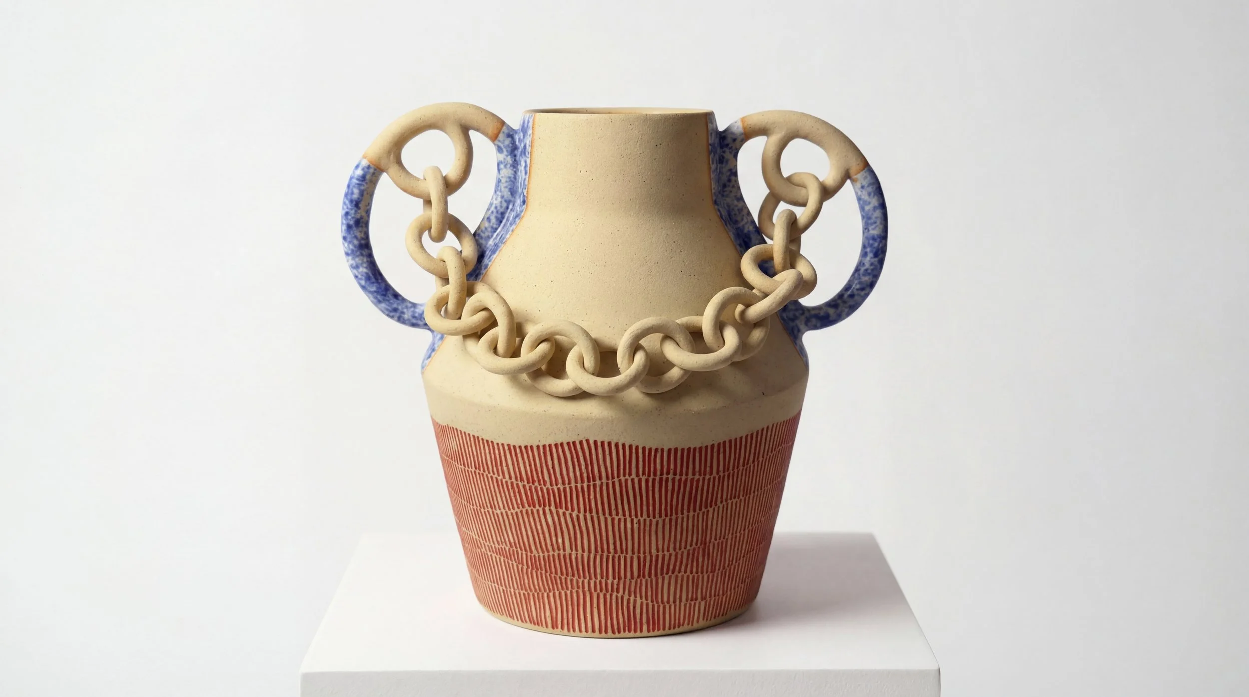 Ceramic vase with two handles, decorated with blue and cream, featuring a chain-like embellishment around the neck, sitting on a white pedestal against a gray background.