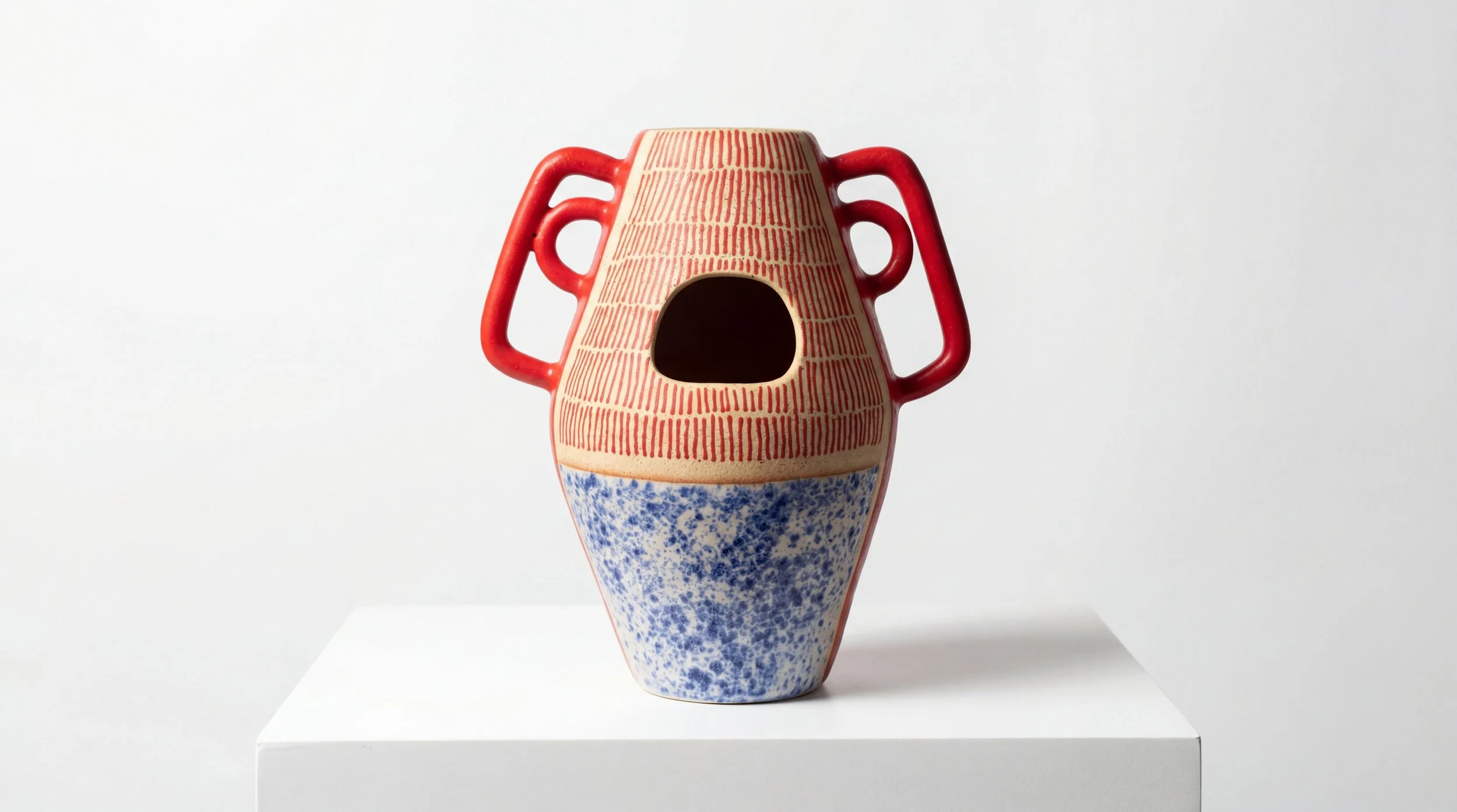 Decorative ceramic vase with a geometric pattern and two red handles, positioned on a white pedestal against a plain white background.