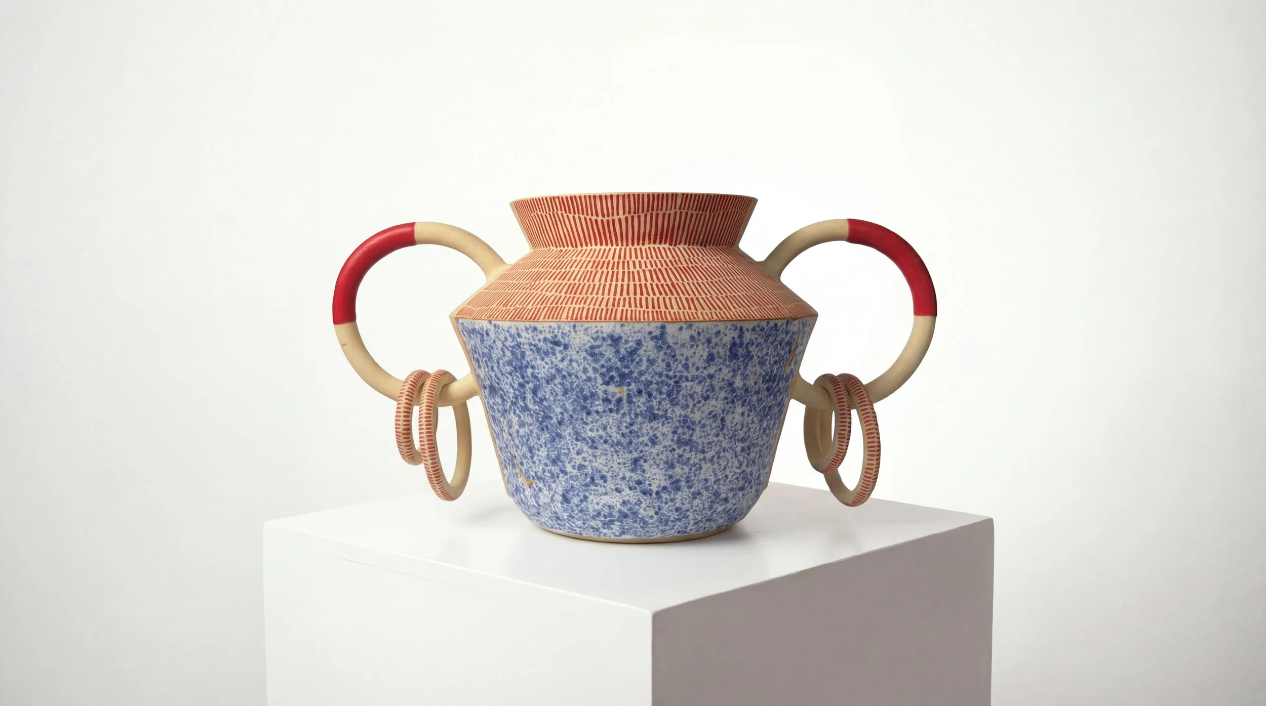 A decorative ceramic vessel with geometric patterns, featuring two large handles wrapped with rings, displayed on a white pedestal against a plain background.