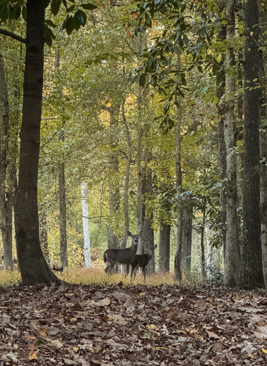 Two deer standing in a wooded forest with tall trees and fallen leaves on the ground.