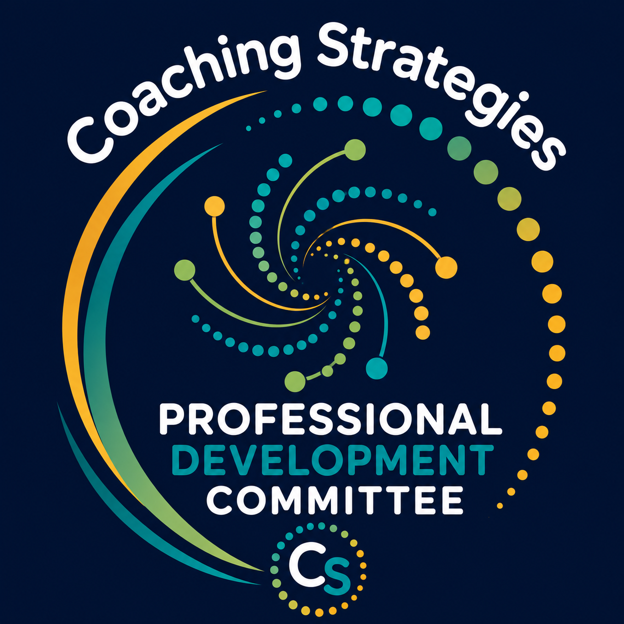 Logo for Coaching Strategies Professional Development Committee, featuring colorful swirling dots and the initials 'CS' on a dark background.