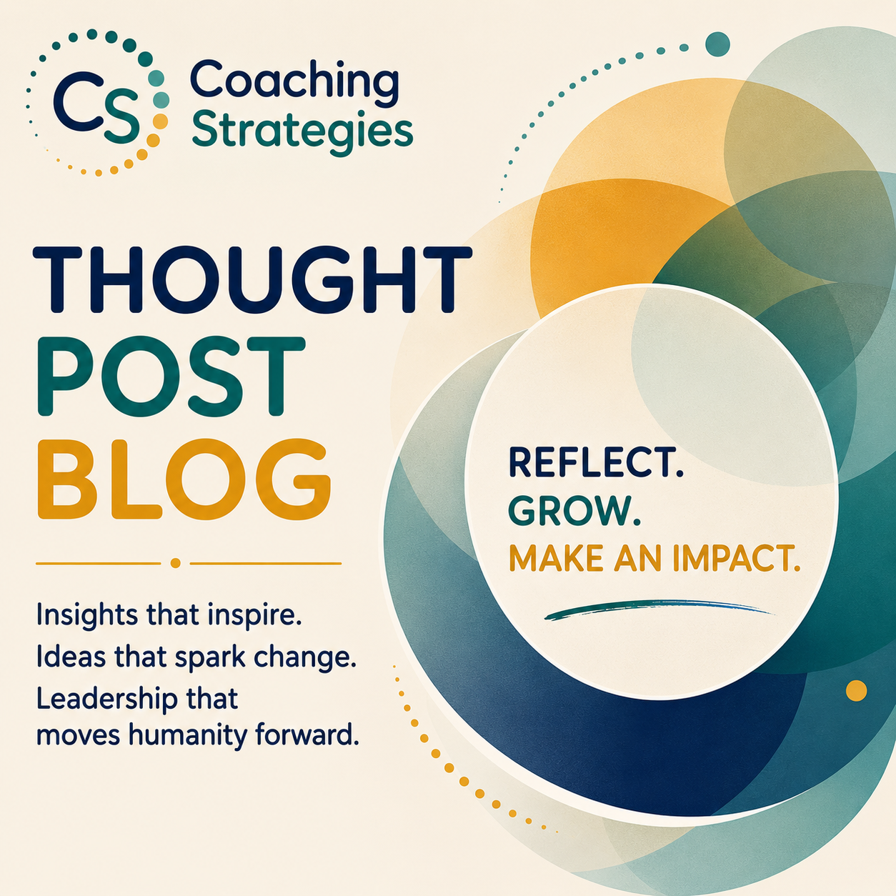 A promotional graphic for coaching strategies featuring the words 'Thought Post Blog' and a message inside a circle that says 'Reflect. Grow. Make an impact.' with additional text highlighting insights, ideas, and leadership.